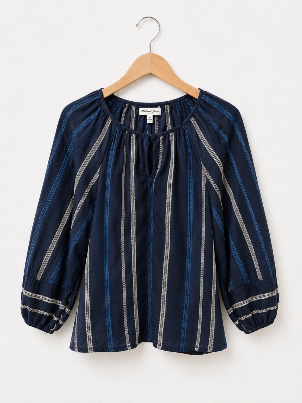 Michael Stars 100% Cotton Round Neck Navy and White Vertical Striped Peasant Top